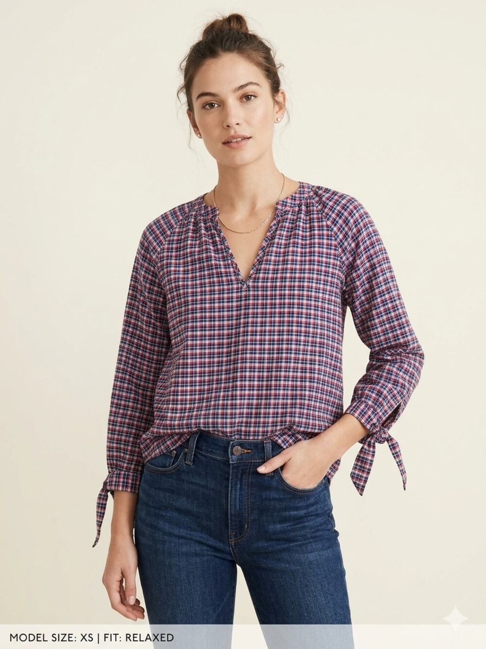 Madewell Whitby Plaid Tie-Sleeve Popover Top Red White Blue XS EUC